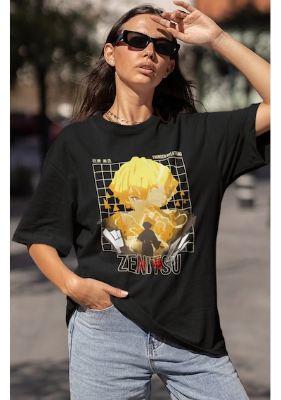Tasarım Zenitsu Agatsuma Baskılı Unisex Oversize Kimetsu No Yaiba Siyah