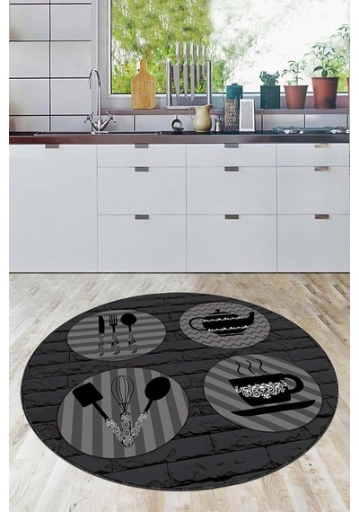 Ayrex Viva Home Makinede Yıkanabilen Kaymaz Taban Yuvarlak Mutfak Halısı Ar903, Siyah-daire, 120 X 120 Diğer