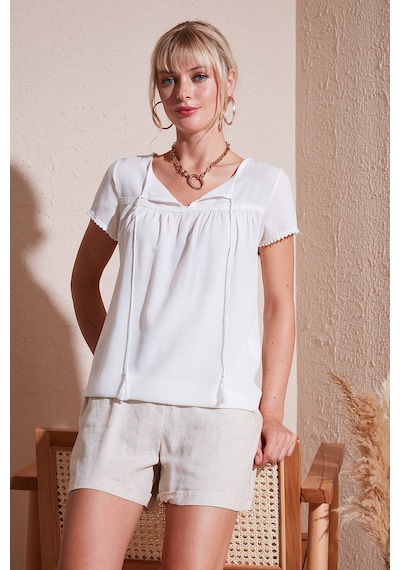Lela Bağlamalı Yaka Kısa Kollu Regular Fit Bayan Bluz 5865641 Ekru