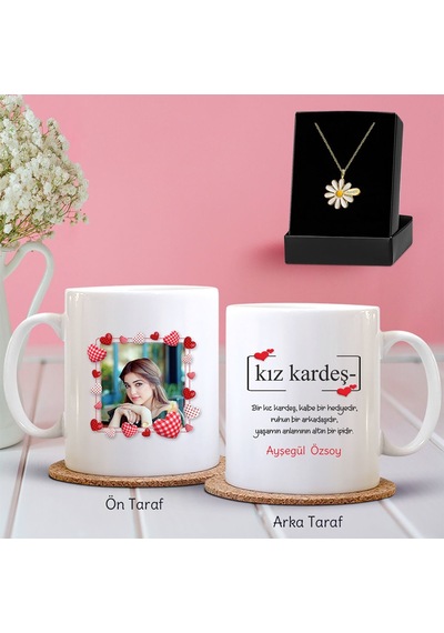 Kişiye Özel Fotoğraflı Kız Kardeş Tasarımlı Kupa Ve Papatya Kolye