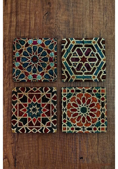 Doğal Taş Bardak Altlığı Geometrik Desenler- Selçuklu Desenleri 4'lü Set 10x10x1 Cm Stone Coasters Çok Renkli