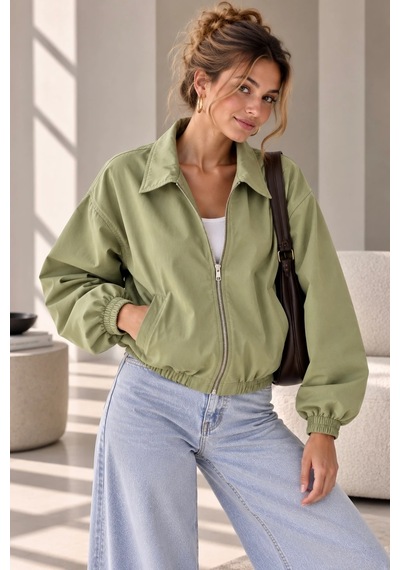 Bb Butik Basic Mevsimlik Fermuarlı Bomber Ceket Oversize Rahat Kalıp Fs3434 Mint