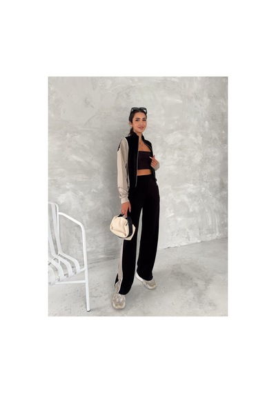 Gugus Kadın Trend Eşofman Takımı Dik Yaka Fermuarlı Bol Paça Yanları Şeritli Aysho Model Siyah-bej Gugus Kadın Trend Eşofman Takımı Dik Yaka Fermuarlı Bol Paça Yanları Şeritli Aysho Model Siyah-bej