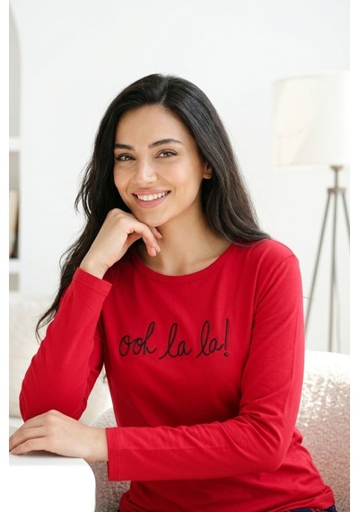 Aura Collections Kadın Desenli Bambu Viskon Uzun Kollu Soft Örme Mevsimlik Pijama Takımı Kırmızı