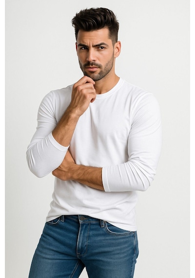 Erkek Bisiklet Yaka Beyaz Body %100 Pamuk Uzun Kollu Tişört Erkek Düz T-shirt 6012