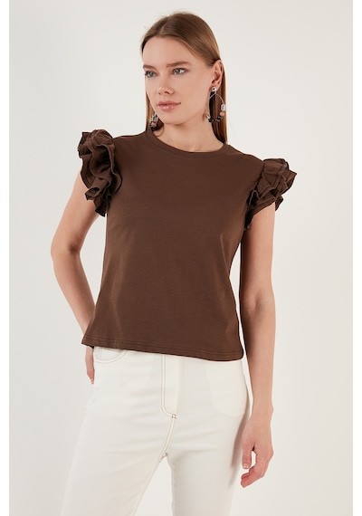 Lela Pamuklu Kolları Fırfırlı Slim Fit Bisiklet Yaka Bayan T Shirt 5864500 Kahve