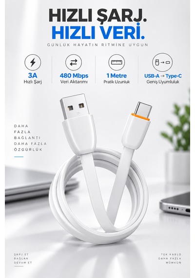 Type-c Şarj Ve Data Kablosu 100 Cm 3a Yassı Esnek Sakız Kablo Usb-a To Type-c 1 Metre Şarj Kablosu