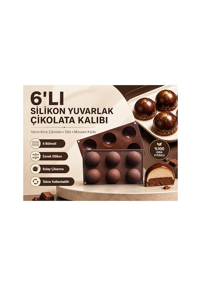 6'lı Silikon Yuvarlak Çikolata Kalıbı Kahverengi
