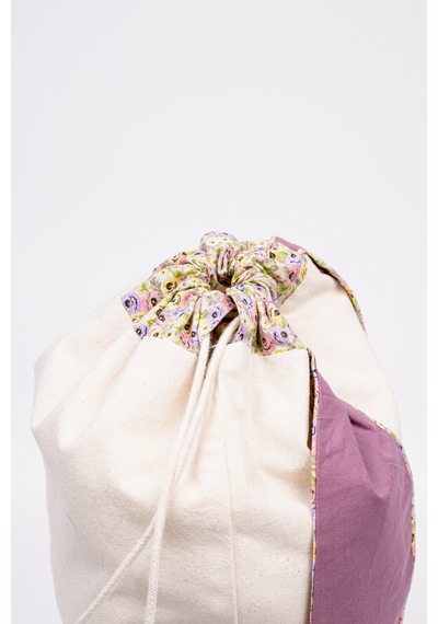 Fabric Craft Bag Çocuk Sırt Çantası Çiçek Desenli Figürlü Bez Model 33x44 Cm Astarlı Krem - Mor