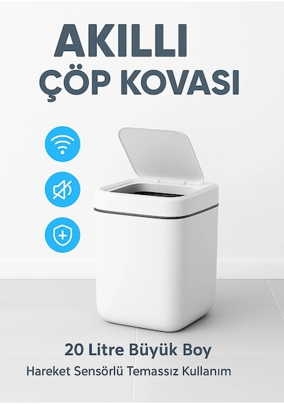 Akıllı Otomatik Kapaklı 20 Litre Çöp Kutusu Hareket Sensörlü Hijyenik Sessiz Ev Ofis