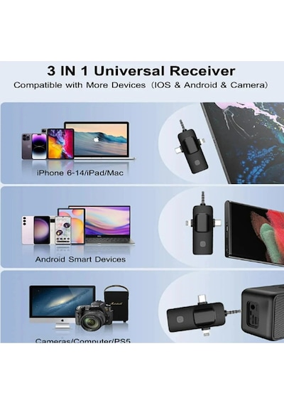 Plentiful Kablosuz Tekli Yaka Mikrofonu 3.5mm Aux Apple Uyumlu iPhone Type-c Pc Tablet Video Ses Kayıt Vlog Usb C Ve Amfi Siyah