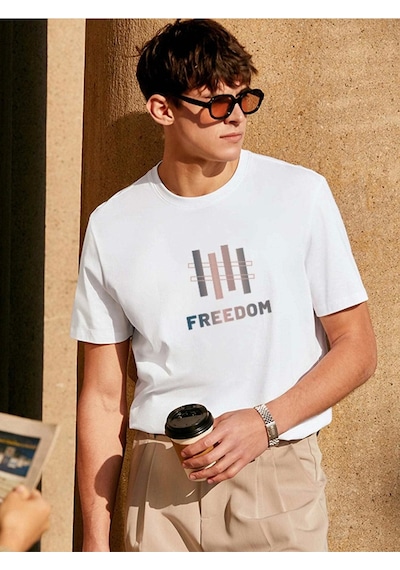 Unisex Oversize Freedom Baskılı Bisiklet Yaka Beyaz T-shirt Beyaz