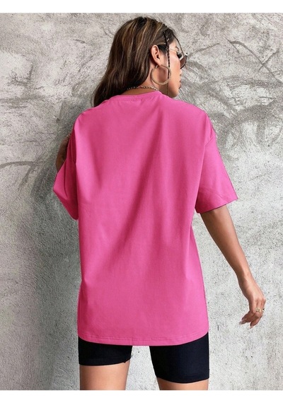 Düz Basic T-shirt - Pembe Oversize Bisiklet Yaka Kısa Kol Pembe