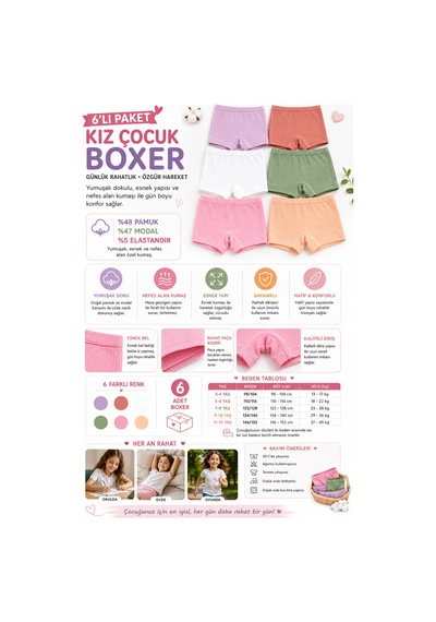 Westicgiyim Kız Çocuk Boxer 6 Lı Paket Fitilli Modal %48 Pamuk %47 Modal Esnek Yumuşak Çocuk İç Çamaşırı 3-12 Yaş Çok Renkli