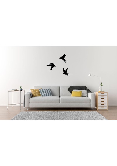 Cajuart Dekoratif Üçlü Kuş Ahşap Tablo Mdf Kırlangıç Duvar Süsü