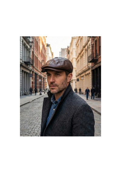 Emybox %100 Hakiki Deri 8 Köşe Kasket Şapka - Peaky Blinders Tarzı Lastikli Erkek Şapka Koyu Taba Kahve