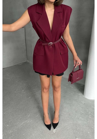 Myloore Kadın Bordo Kemerli Kolsuz Blazer Yelek Mlb153