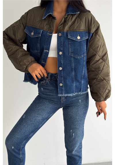 Femelle Haki Kapitone Garnili - Denim Kot Mont