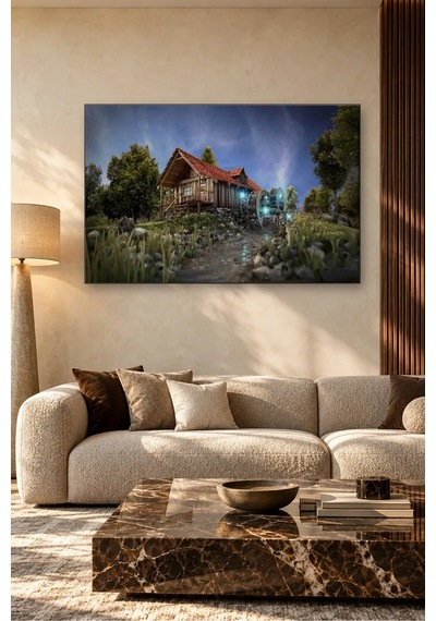 Fida Gece Işıklı Su Değirmenli Ahşap Kulübe Canvas Tablo