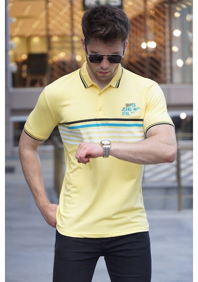 Madmext Sarı Çizgili Polo Yaka Tişört 5869-Sarı