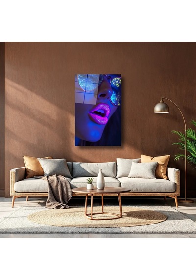 Neon Detaylı Kadın Yüzü Cam Tablo Modern Portre Duvar Dekoru 50