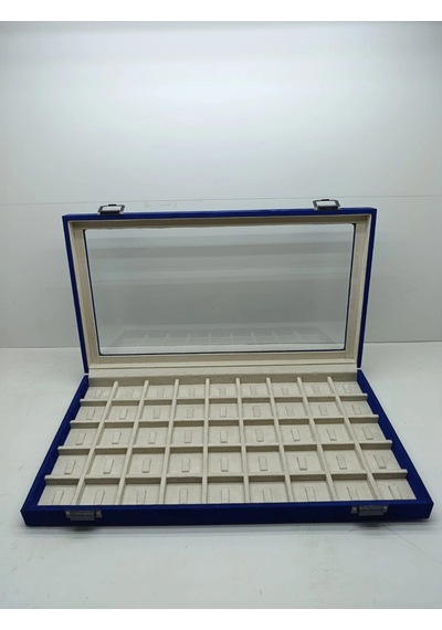 Yeni Cam Kapaklı Süet Lacivert Kumaş 45 Cm / 25 Cm Tırnaklı Bölmeli Yüzük Tablası