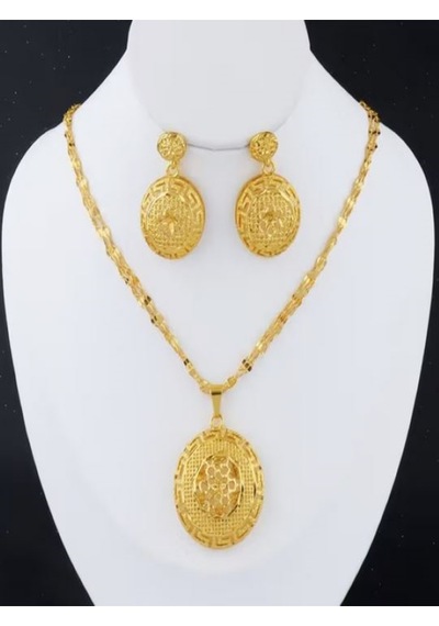 24k Altın Kaplama Etnik Kolye Ve Küpe Takı Seti Altın