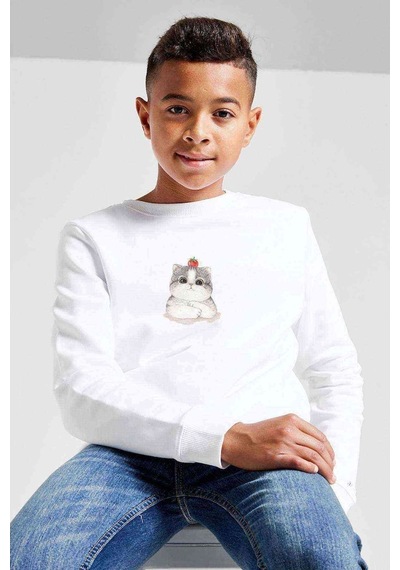 Tshirthane Watercolor Big Cat Face Baskılı Unisex Çocuk Beyaz Sweatshirt