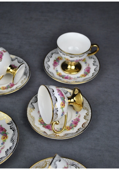 2 Kişilik Porselen Pembe Çiçekli Vintage Gold Ayaklı Kahve Fincan Takımı 90 Ml