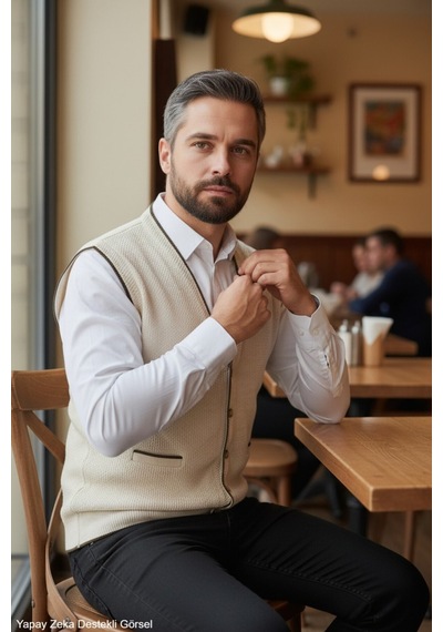 Kamalı Erkek Krem V Yaka Triko Düğmeli Cepli Çizgi Desenli Regular Fit Tüylenmeyen Örgü Yelek Taş