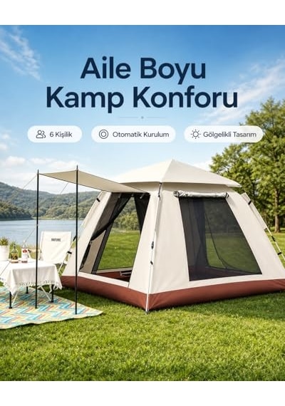 Aile Boyu 6 Kişilik Otomatik Çadır Piknik, Tatil Ve Kamp Için Geniş Tasarım Bej Acı Kahverengi
