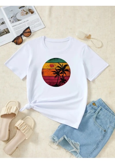 Periliçekeçe Kadın Kısa Kollu Palmiye Baskılı Viskon T-shirt Beyaz
