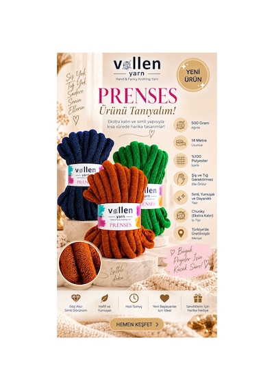 Prenses Chunky Simli Polyester El Örgü İpi 500 Gr 14 M Parmak Örgü Çanta Battaniye İpi