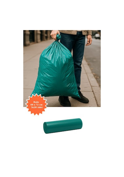 Yeşil Rulo Çöp Poşeti 60x72 Cm 3x20 Adet Ev Mutfak İş Ofis Avantajlı Paket