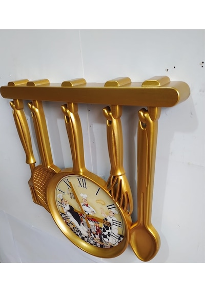 Altın Varaklı Aşçı Mutfak Duvar Saati 30x32 Cm Camsız (487199720) Altın