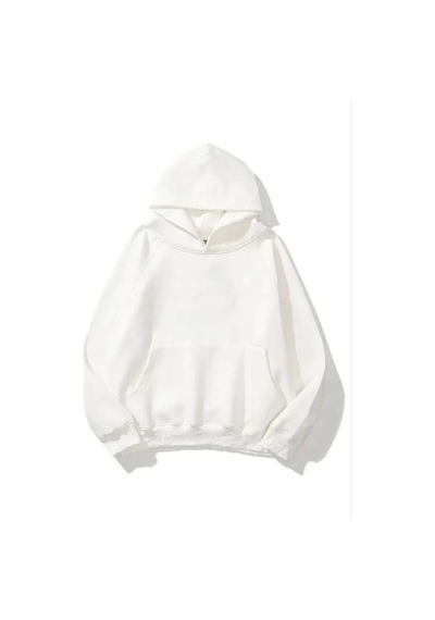 3 İplik Pamuklu Unisex Kapşonlu Sweetshirt - Beyaz