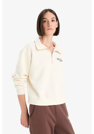 Defacto Regular Fit Yarım Fermuarlı Baskılı Kalın Sweatshirt F1066AX25AU Bej