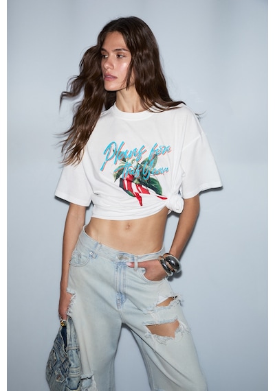 Grımelange Cassıane Kadın Bisiklet Yaka Kısa Kollu Ön Ve Arka Baskılı Regular Beyaz T-shirt
