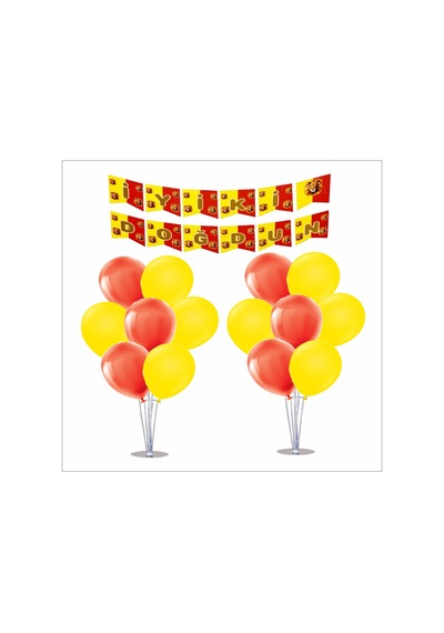 2 Adet Ayaklı Balon Standı 7li Set, 14 Adet Taraftar Sarı-kırmızı Balon + Banner Tüm Yaşlar