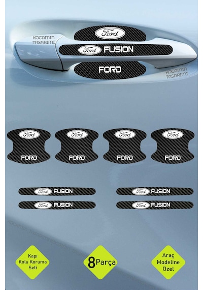 Dekoratif Ford Fusion Karbon Kapı Kolu Koruma Seti Şık Beyaz Yazılı 8 Parça Koruyucu Folyo