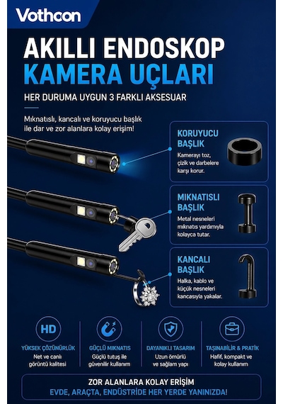5 Metre Çift Kameralı İos/android Uyumlu Yılan Endoskop Kamera 8mm 2mp Led Li Sert Kablo