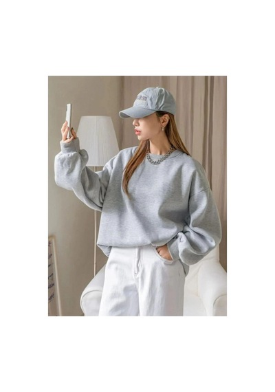 Kadın 3 İplik Pamuklu Oversize Yarım Fermuarlı Yakalı Basic Sweatshirt - Gri
