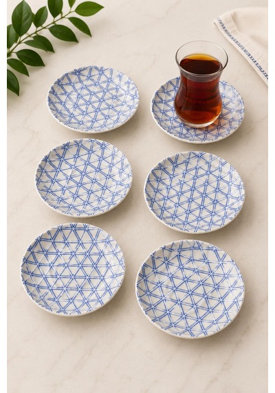 6 Lı Porselen Çay Tabağı, Porselen Çay Tabak Geometrik Desen Mavi