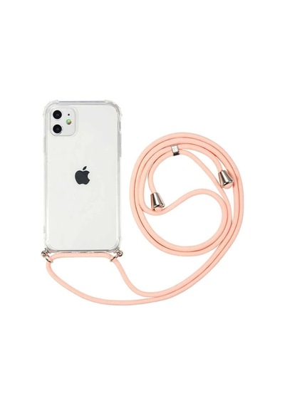 Iphone 11 Uyumlu Boyundan Askılı Şeffaf Darbe Emici Antishock Silikon Telefon Kılıfı Pembe