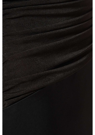 Eegen Studio Mirabel Midi Elbise - 50'ler Glamouru, Uzun Kollu, Drapeli Yaka, Taffeta Etek Siyah