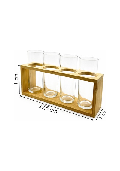 Felicia - 4'lü Bambu Standlı Cam Dekoratif Vazo Çiçeklik Organizer Set Şeffaf