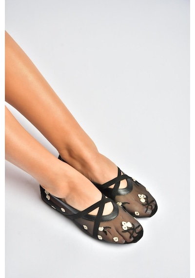 Fox Shoes Y811897015 Siyah File Çiçek Motifli Kadın Babet