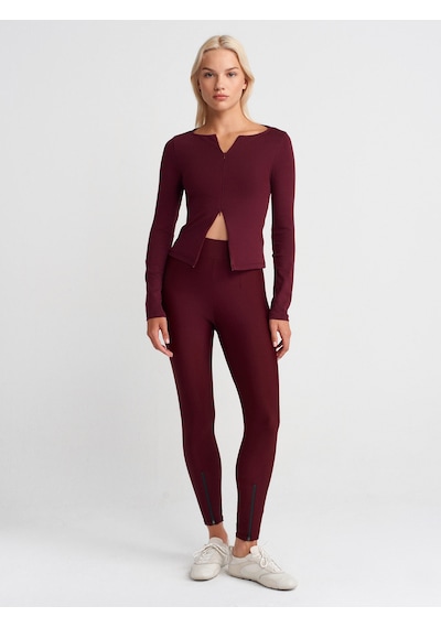 Dilvin 31993 Fermuar Detaylı Uzun Kollu Top-bordo Bordo