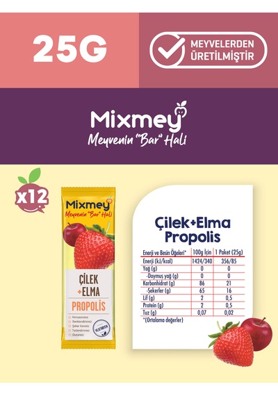 Mixmey Bee Propolis Çilek Meyve Barı 12 Adet | Atıştırmalıklar – Glutensiz (25GR X 12 ADET)