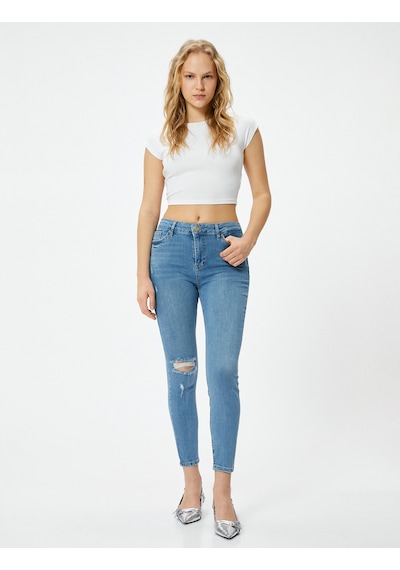 Koton Dar Kesim Yüksek Bel Kot Pantolon Yıpratmalı Esnek Cepli Pamuklu - Carmen Skinny Jeans Açık İndigo 4sal40060md Açık İndigo
